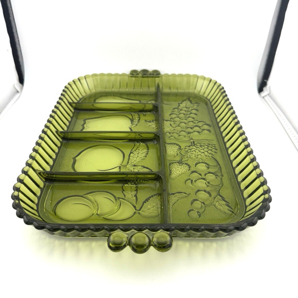 VTG Indiana Glass Green 5 Part EUC Divided Relish Fruit Design Tray 11"x9" - Picture 3 of 10